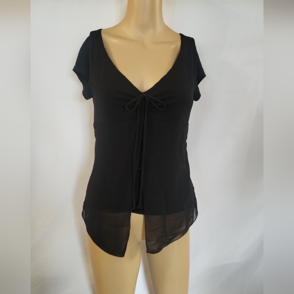 Byer California Black Tie Front Blouse Top Sheer Hem Short Sleeve Size M